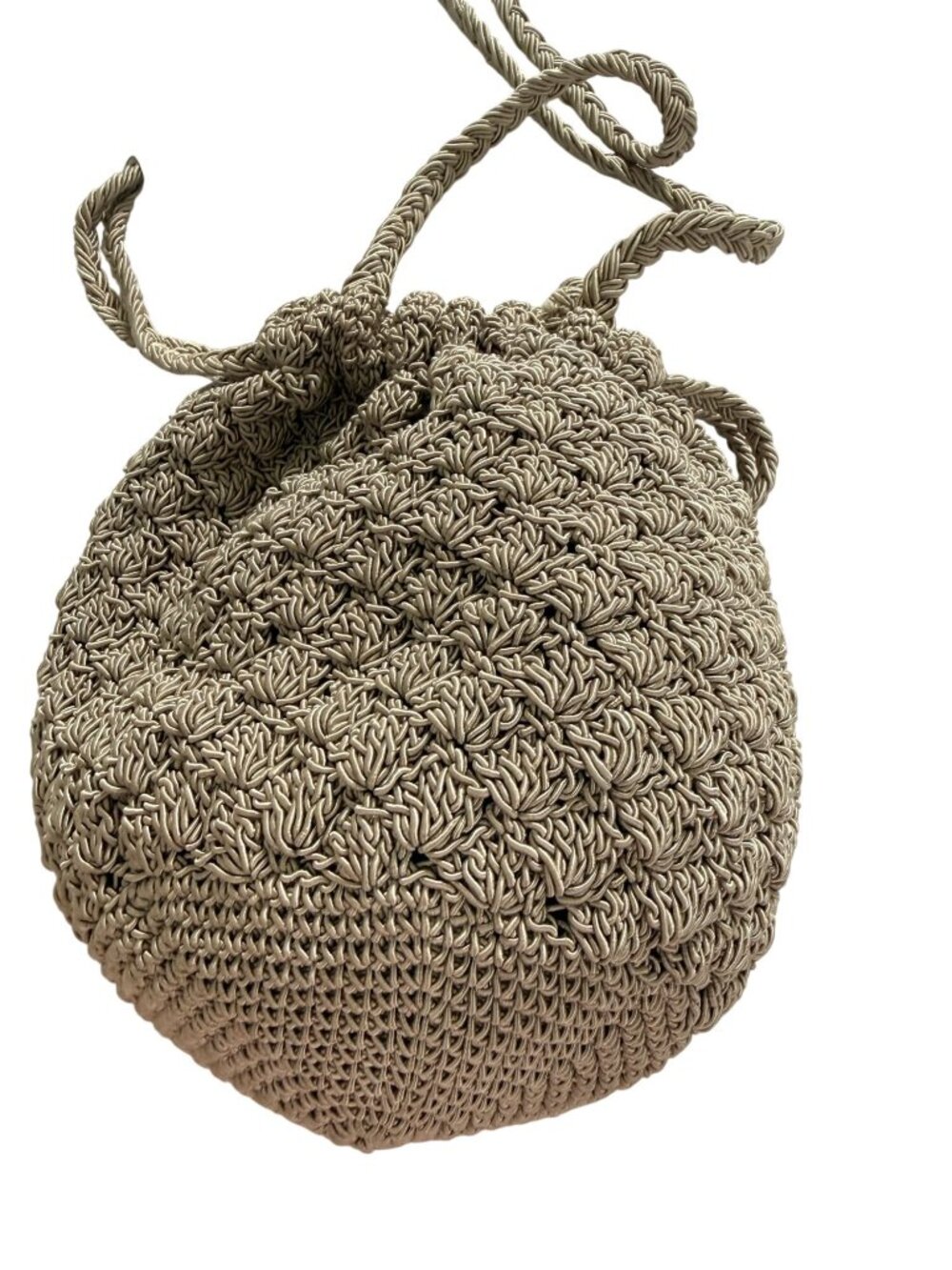 Sorpresa NWT NY Crochet Bucket Bag Taupe Drawstring Shoulder Purse Boho Lined